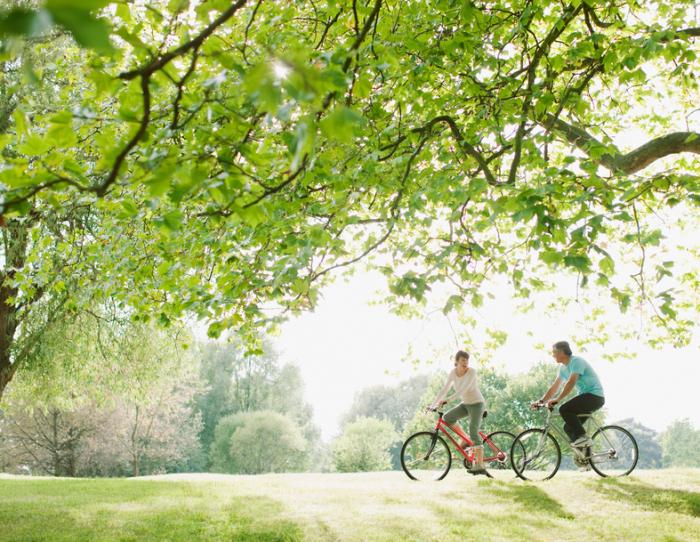 man and woman ride bikes through a woodland 