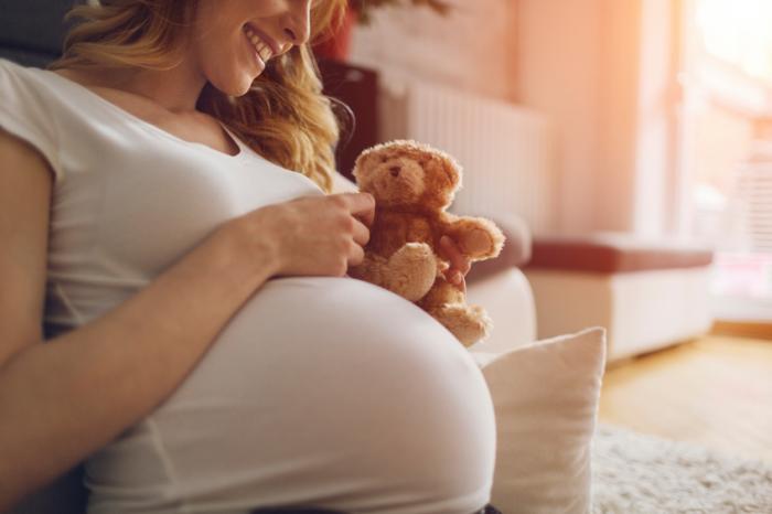 [a pregnant mother holds a teddy bear]